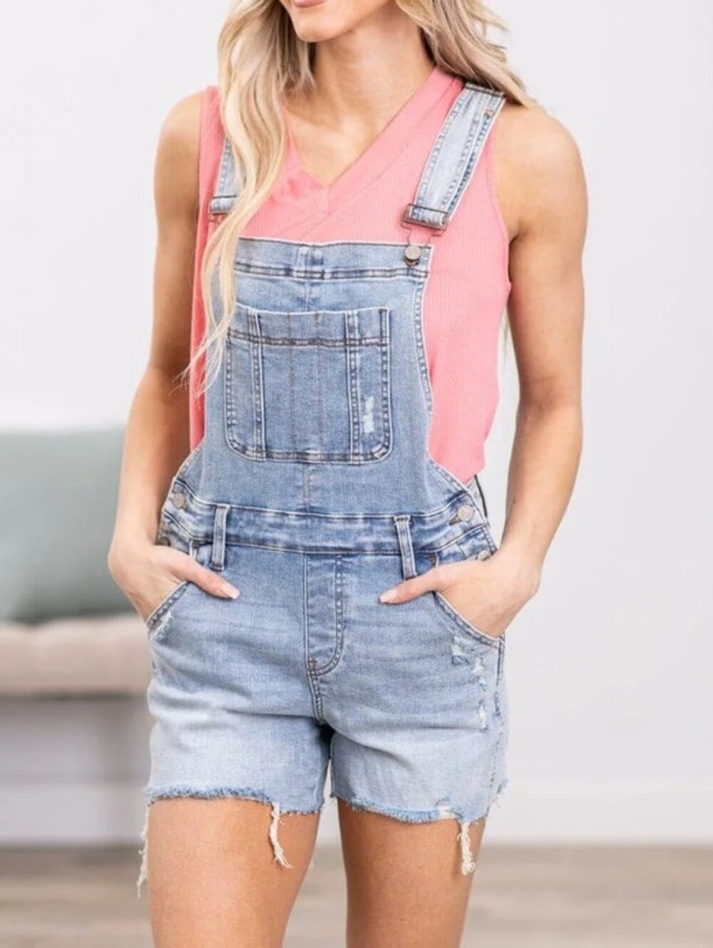 Judy Blue Womens Large Light Wash Destroy Shorts Denim Overalls Blue Jean Stretc